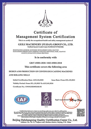 職業(yè)健康安全管理體系證書（英文）