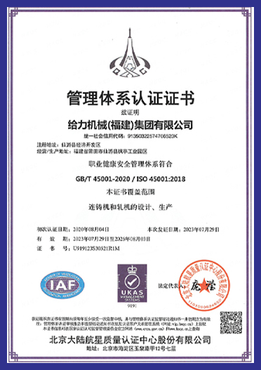 職業(yè)健康安全管理體系證書（中文）